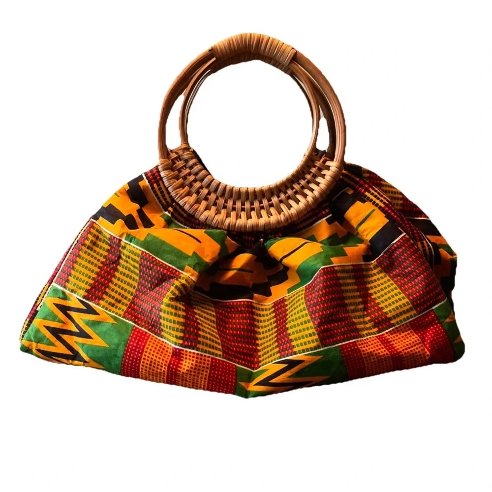 Kente Cloth Purse Handbag Tote Round Woven Handles Attached Coin purse - Picture 2 of 10